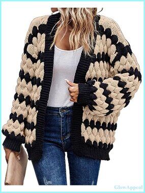 Chunky Cable Knit Open Front Cardigan Sweater Women Lantern Sleeve